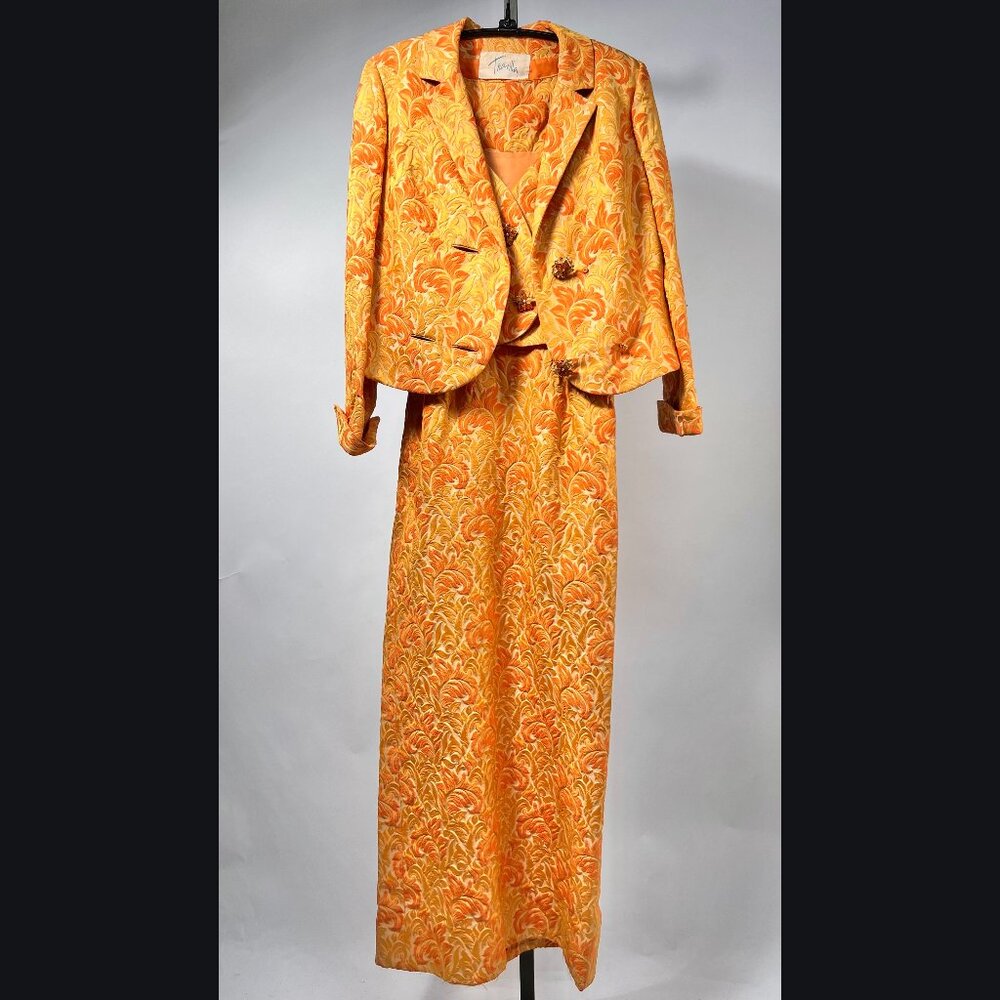 TRAVILLA Vintage‎ Orange Floral Brocade Gown with Bolero and Jem Stone Buttons 8